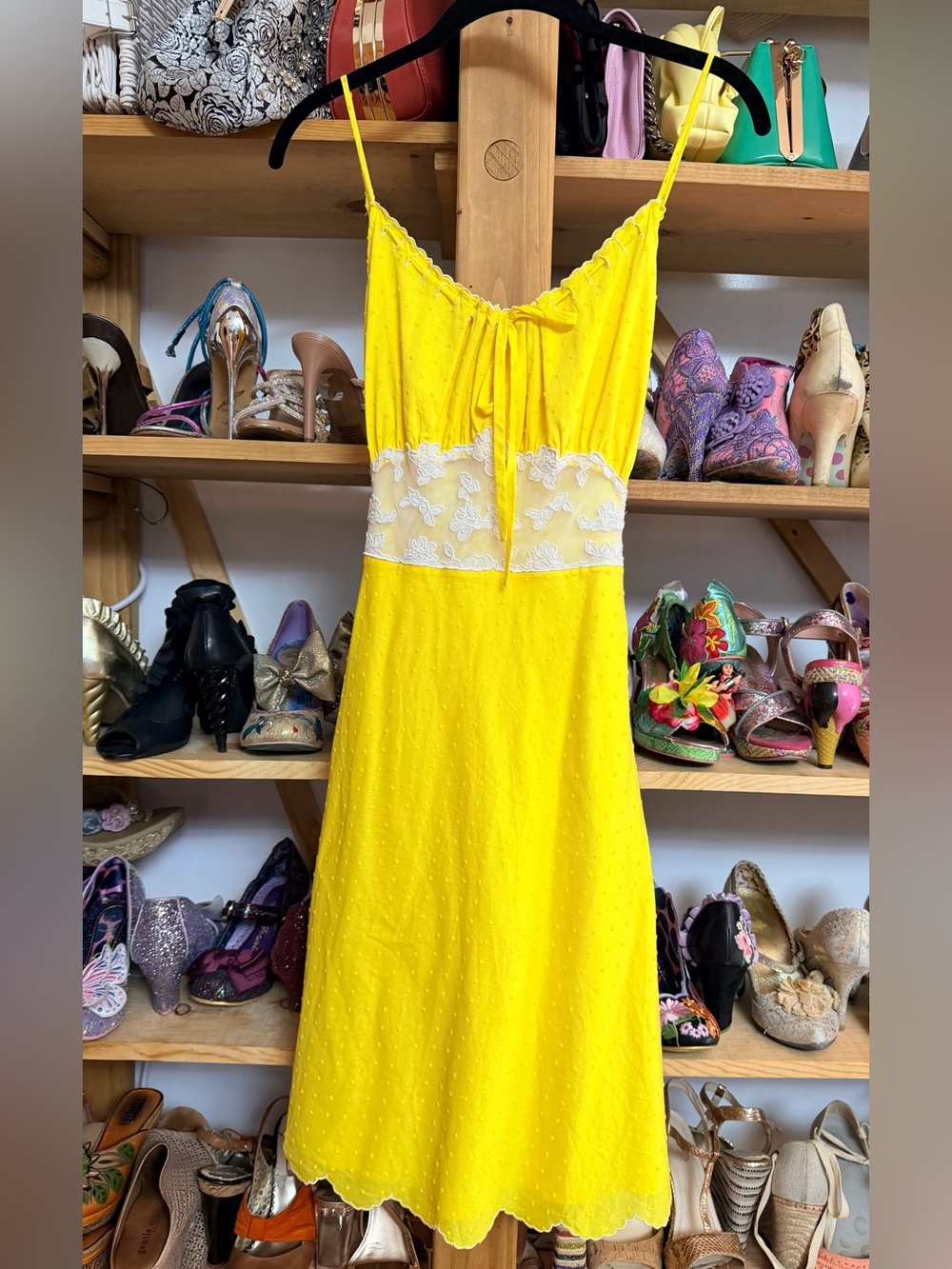 Betsey Johnson Bright Yellow Lace Waist Midi Dress, Scalloped Hem